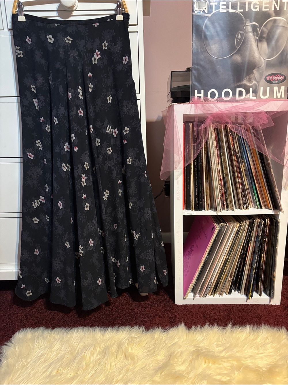90’s Silk Vintage Maxi Skirt Long Full Floral Practical Magic Y2K 6 Gray Black M